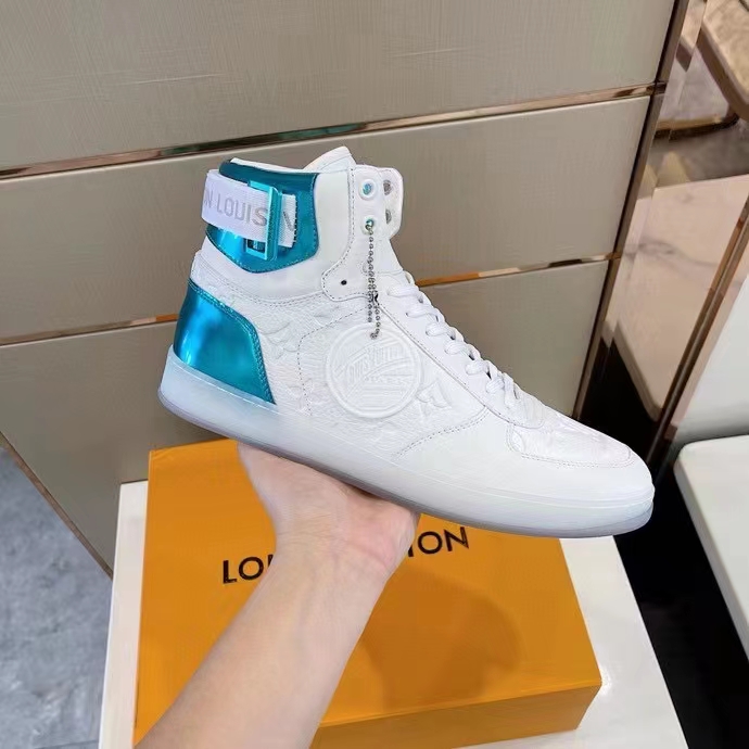 Louis Vuitton LV Unisex Rivoli Sneaker Boot Blue White Calf Leather Monogram Canvas