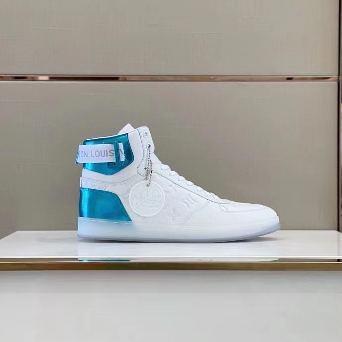 Louis Vuitton LV Unisex Rivoli Sneaker Boot Blue White Calf Leather Monogram Canvas