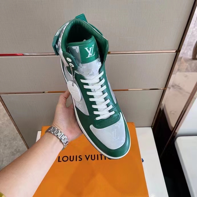 Louis Vuitton LV Unisex Rivoli Sneaker Boot Green Calf Leather Monogram Metallic Canvas