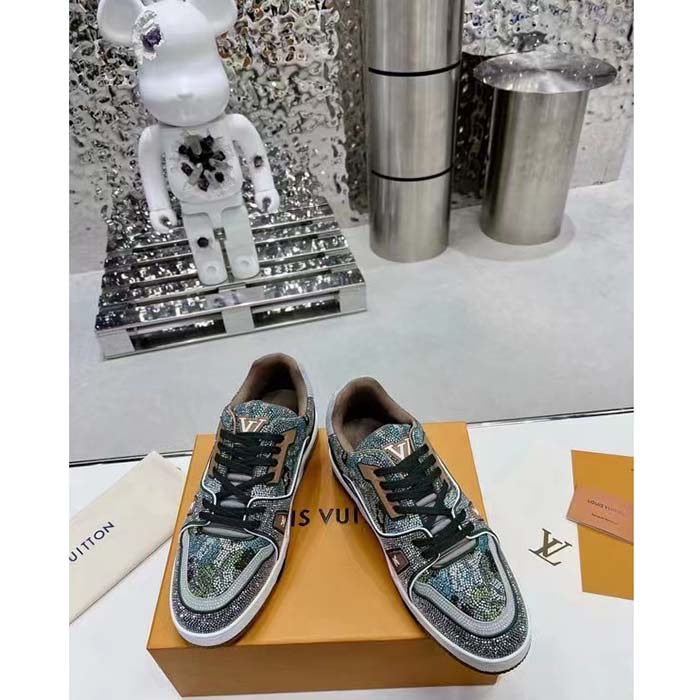 Louis Vuitton LV Unisex Trainer Sneaker Khaki Green Strass Rubber Monogram Flowers