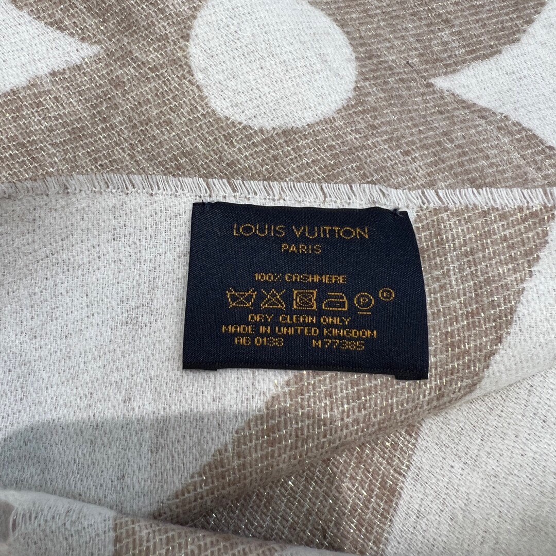 Louis Vuitton LV Unisex Ultimate Shine Scarf Beige Allover Monogram Pattern Fringe Finish