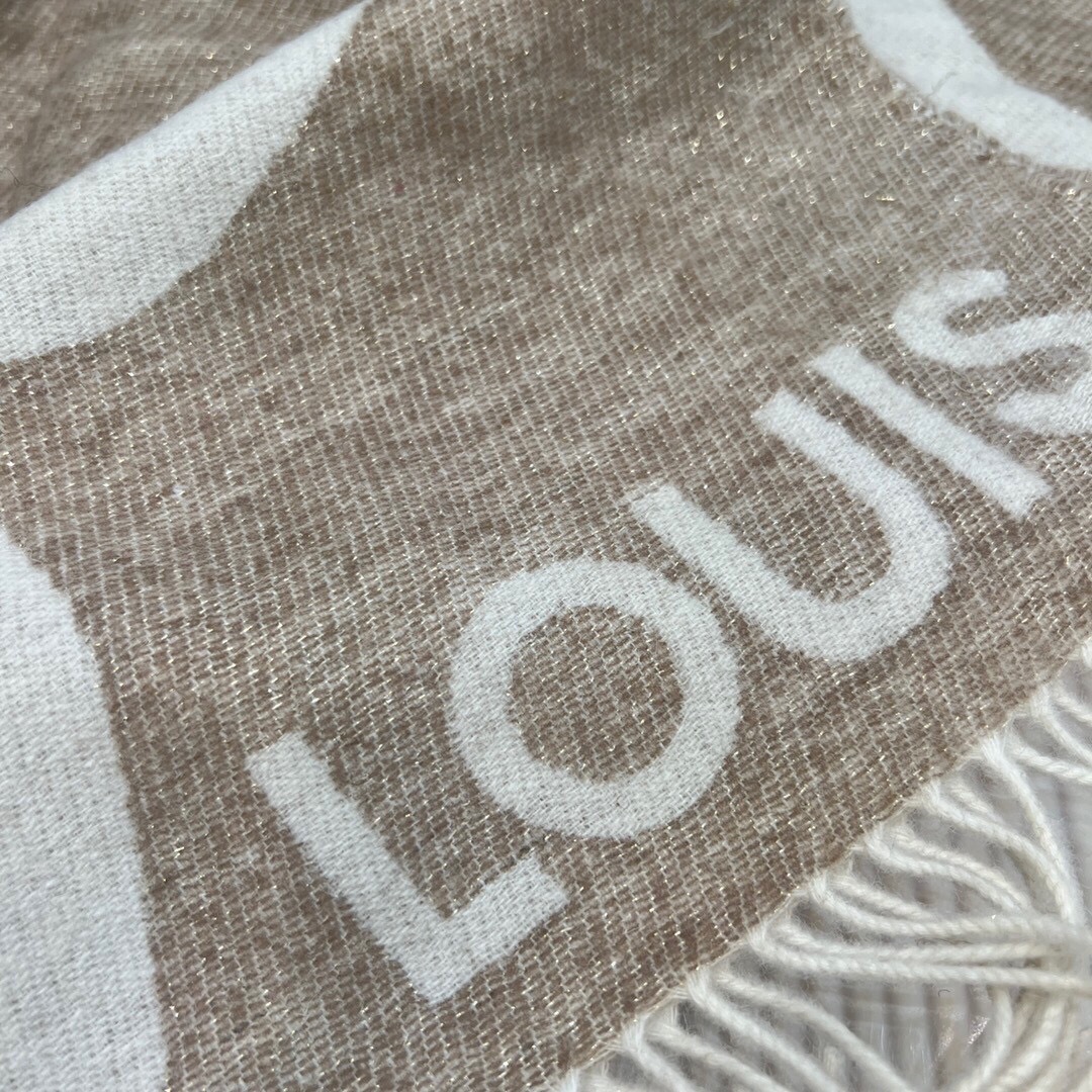Louis Vuitton LV Unisex Ultimate Shine Scarf Beige Allover Monogram Pattern Fringe Finish