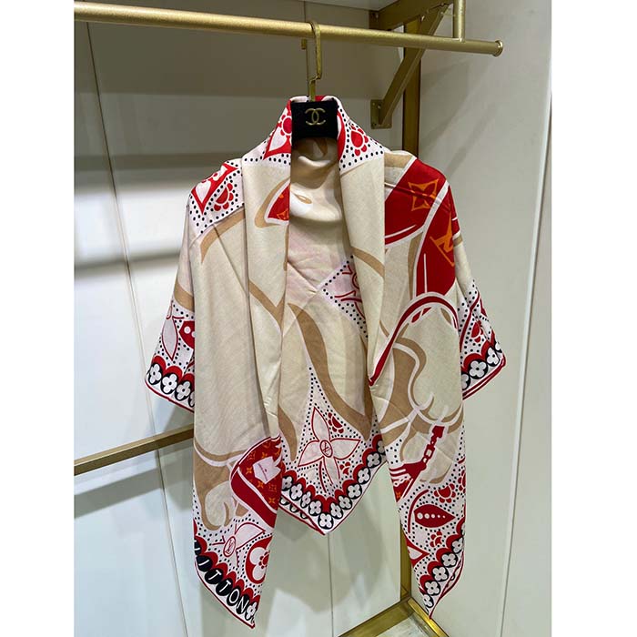 Louis Vuitton LV Women Precious Rabbit Square 70 Red Silk-Screen Print Monogram Flowers