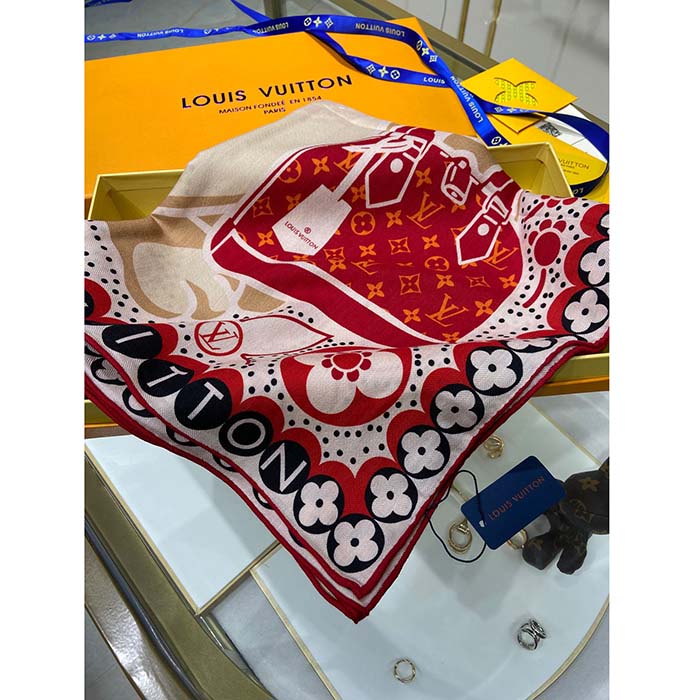 Louis Vuitton LV Women Precious Rabbit Square 70 Red Silk-Screen Print Monogram Flowers