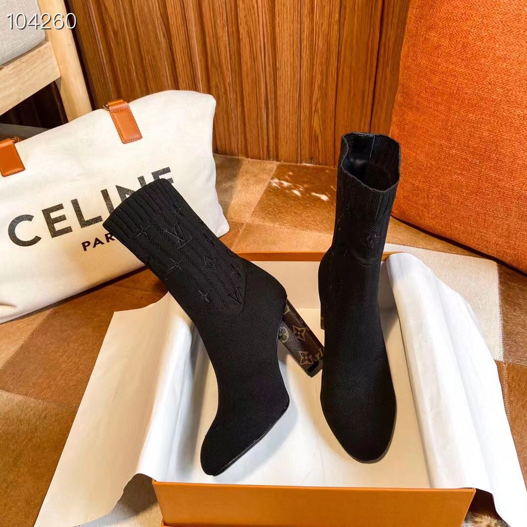 Louis Vuitton LV Women Silhouette Ankle Boot Black Stretch Textile Patent Monogram Canvas