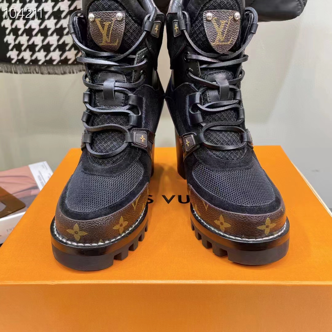 Louis Vuitton LV Women Star Trail Ankle Boot Black Mix Materials Treaded Rubber 9.5 Cm Heel