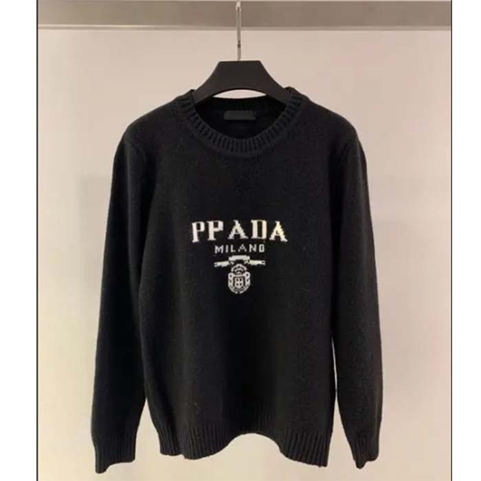 Prada Men Cashmere Wool Prada Logo Crew-Neck Sweater Black Menswear Fit