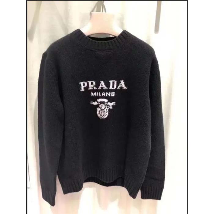 Prada Men Cashmere Wool Prada Logo Crew-Neck Sweater Black Menswear Fit