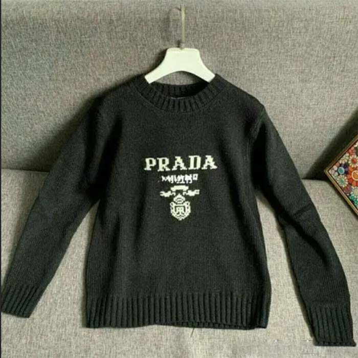 Prada Men Cashmere Wool Prada Logo Crew-Neck Sweater Black Menswear Fit