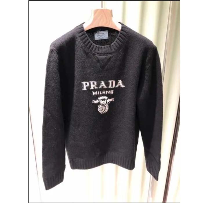 Prada Men Cashmere Wool Prada Logo Crew-Neck Sweater Black Menswear Fit