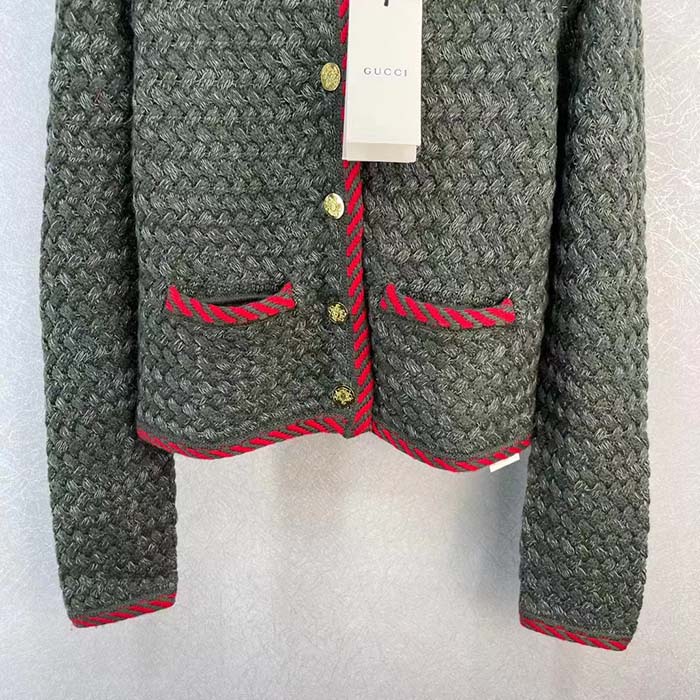 G*u*i women gg cable knit wool jacket dark green cable knit wool green red stripe