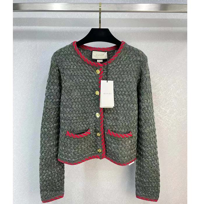G*u*i women gg cable knit wool jacket dark green cable knit wool green red stripe