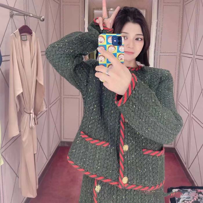 G*u*i women gg cable knit wool jacket dark green cable knit wool green red stripe