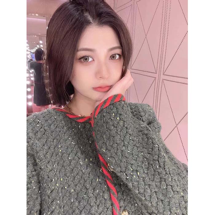 G*u*i women gg cable knit wool jacket dark green cable knit wool green red stripe