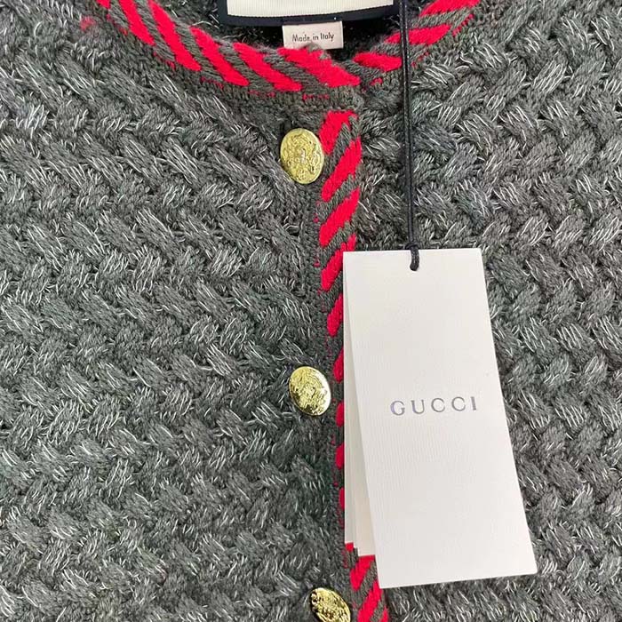 G*u*i women gg cable knit wool jacket dark green cable knit wool green red stripe