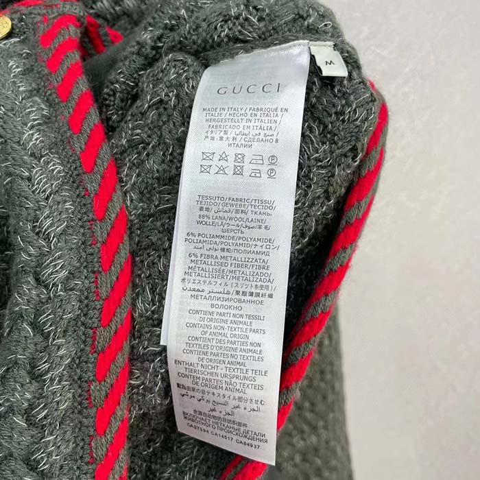 G*u*i women gg cable knit wool jacket dark green cable knit wool green red stripe