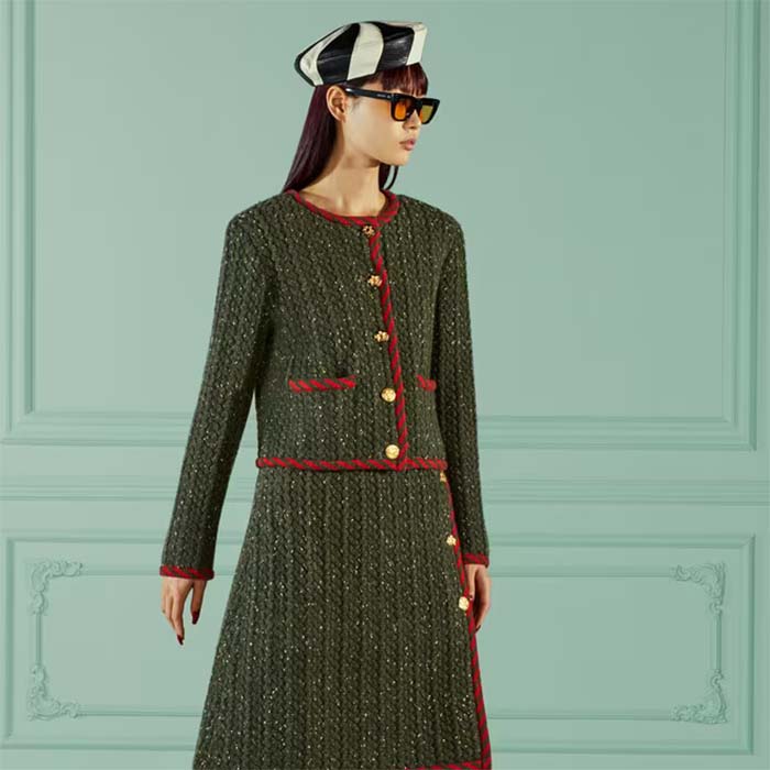 G*u*i women gg cable knit wool jacket dark green cable knit wool green red stripe