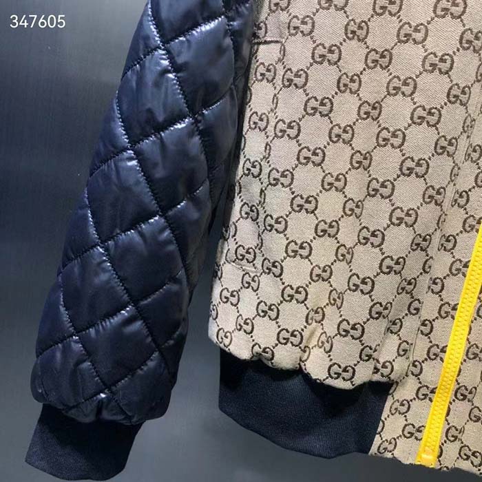 G*u*i men gg canvas nylon zip jacket beige ebony black quilted high neck