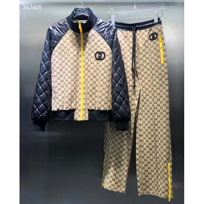 G*u*i men gg canvas nylon zip jacket beige ebony black quilted high neck