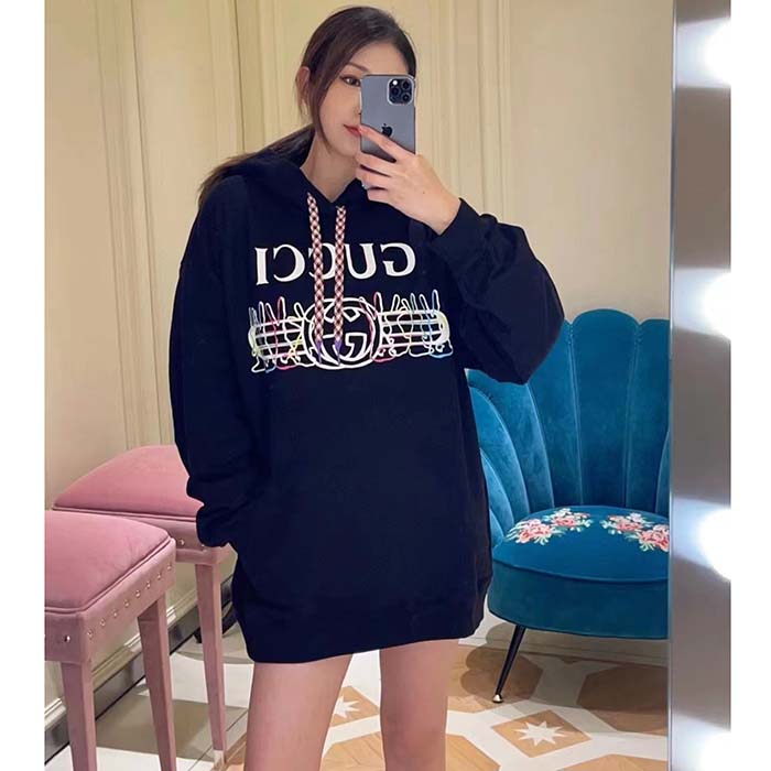 G*u*i women gg cotton jersey sweatshirt black felted long sleeves kangaroo front pocket