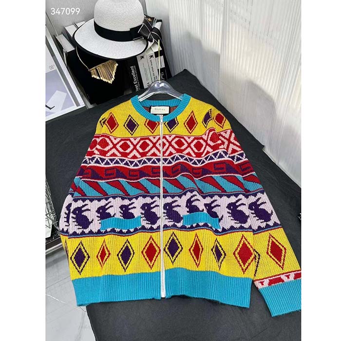 G*u*i men gg wool jacquard zip jacket multicolor geometric motif wool bunny label