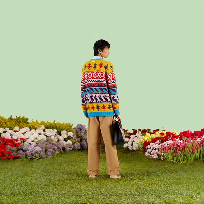 G*u*i men gg wool jacquard zip jacket multicolor geometric motif wool bunny label