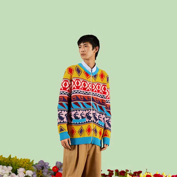 G*u*i men gg wool jacquard zip jacket multicolor geometric motif wool bunny label