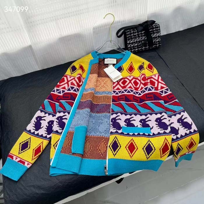 G*u*i men gg wool jacquard zip jacket multicolor geometric motif wool bunny label