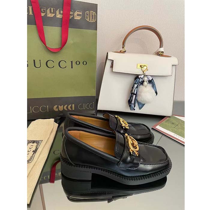 G*u*i unisex gg loafer interlocking g shiny black leather studs rubber low heel