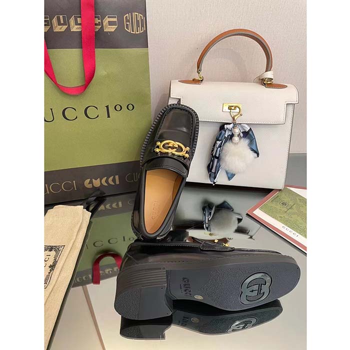 G*u*i unisex gg loafer interlocking g shiny black leather studs rubber low heel