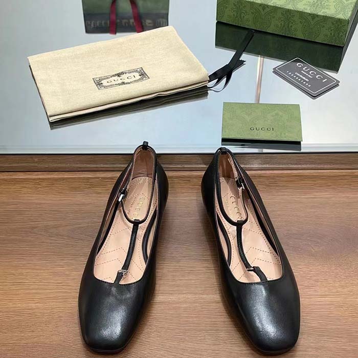 G*u*i women gg ballet flat double g black leather sole flat 1 cm heel