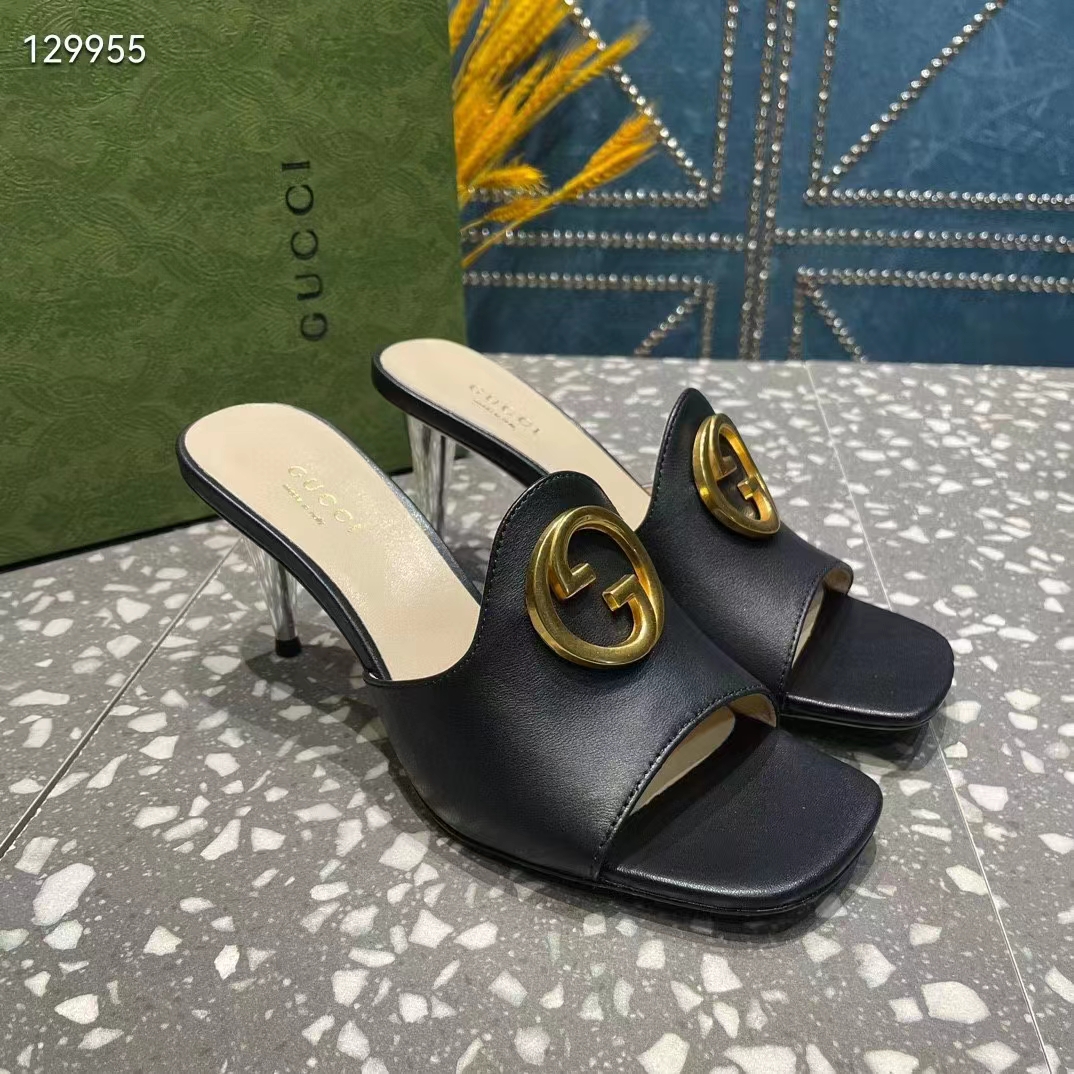 G*u*i women gg blondie slide sandal black leather metallic mid heel 6.6 cm heel