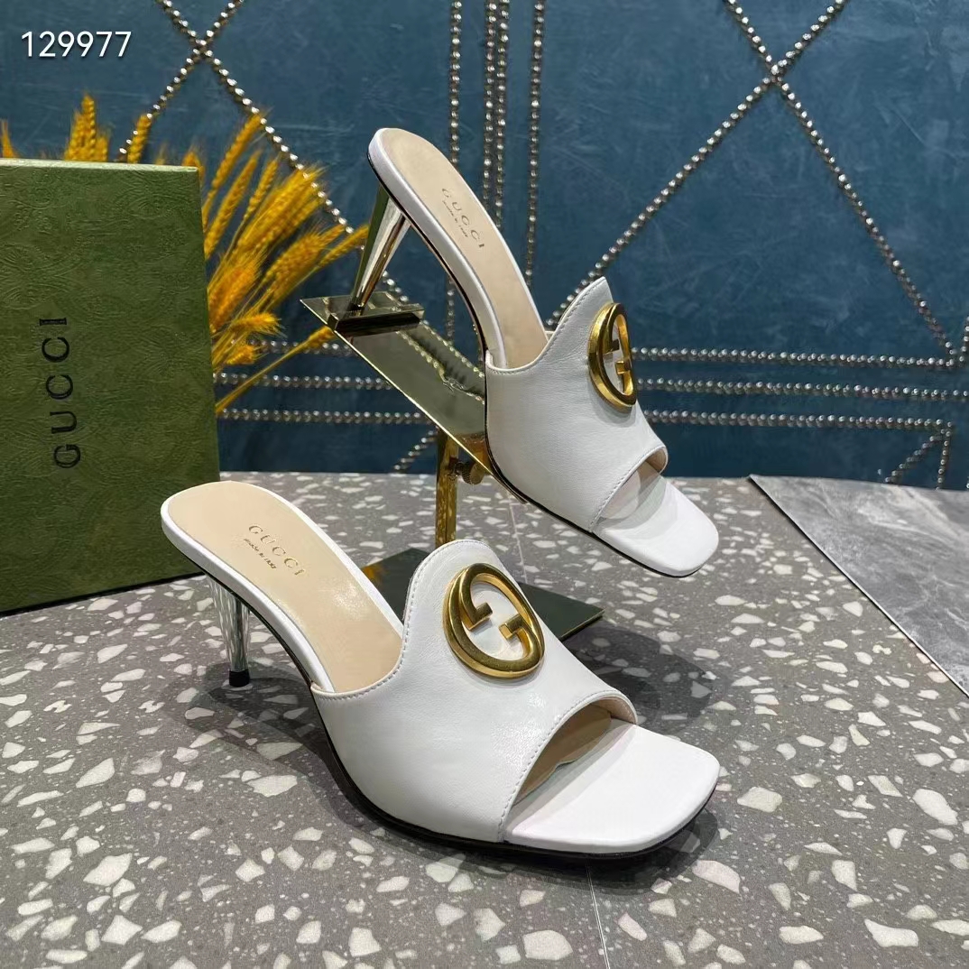 G*u*i women gg blondie slide sandal white leather metallic mid heel 6.6 cm heel