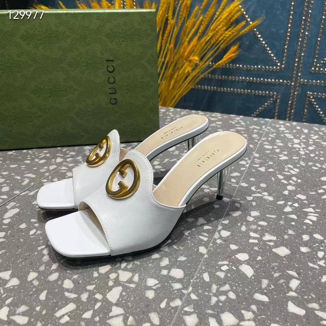 G*u*i women gg blondie slide sandal white leather metallic mid heel 6.6 cm heel
