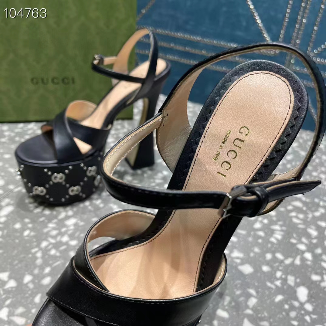 G*u*i women gg interlocking g studs sandal black leather spool high 15 cm heel