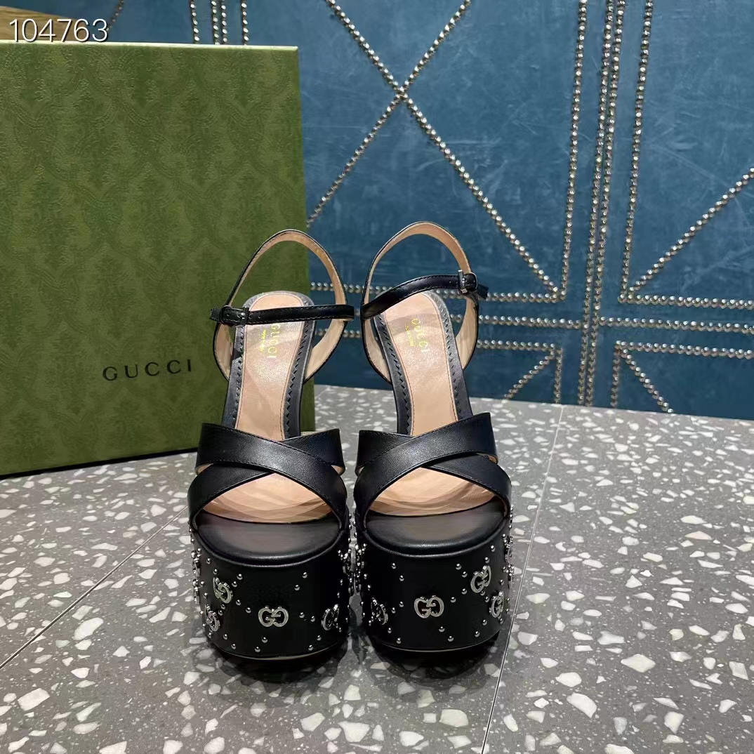 G*u*i women gg interlocking g studs sandal black leather spool high 15 cm heel