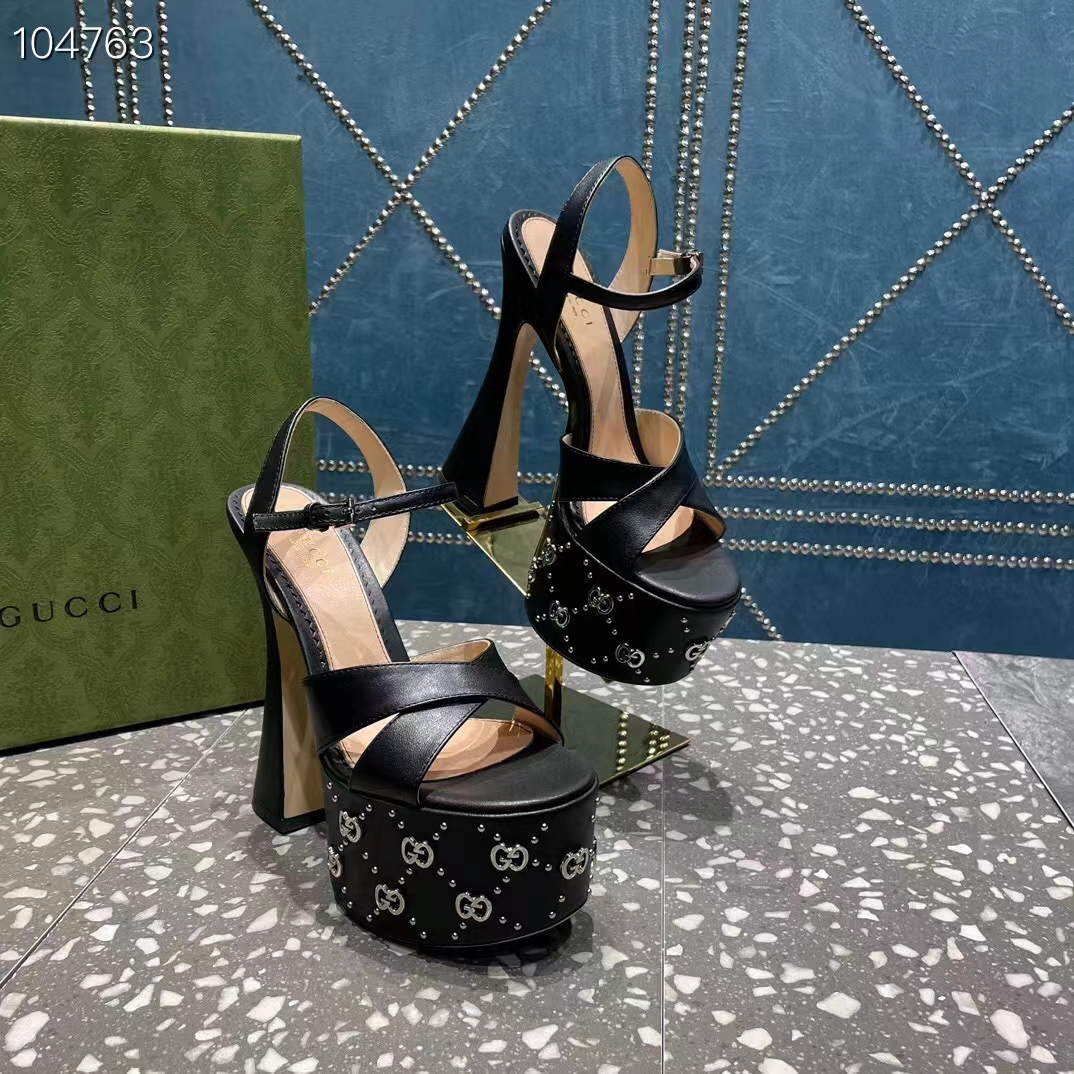 G*u*i women gg interlocking g studs sandal black leather spool high 15 cm heel