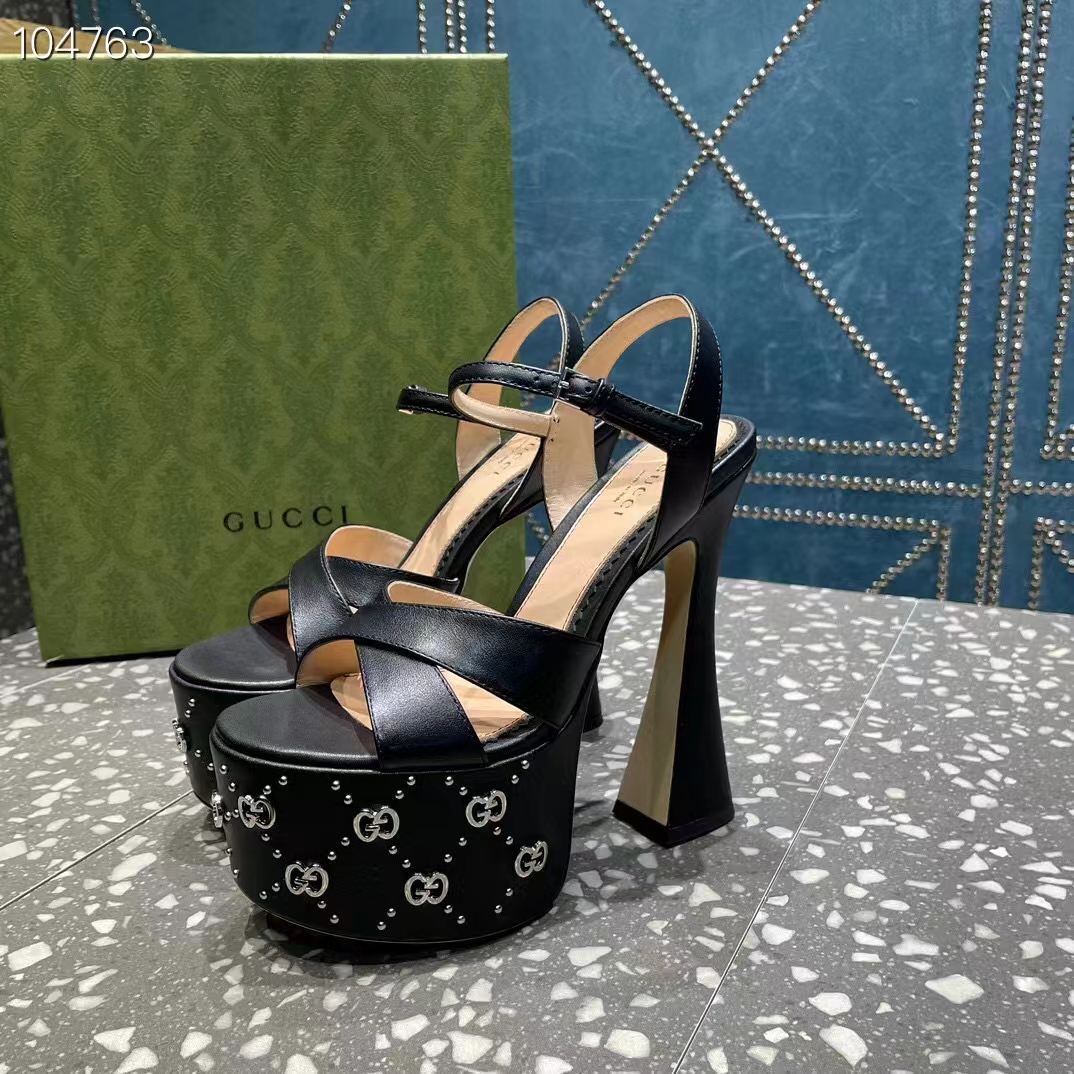 G*u*i women gg interlocking g studs sandal black leather spool high 15 cm heel
