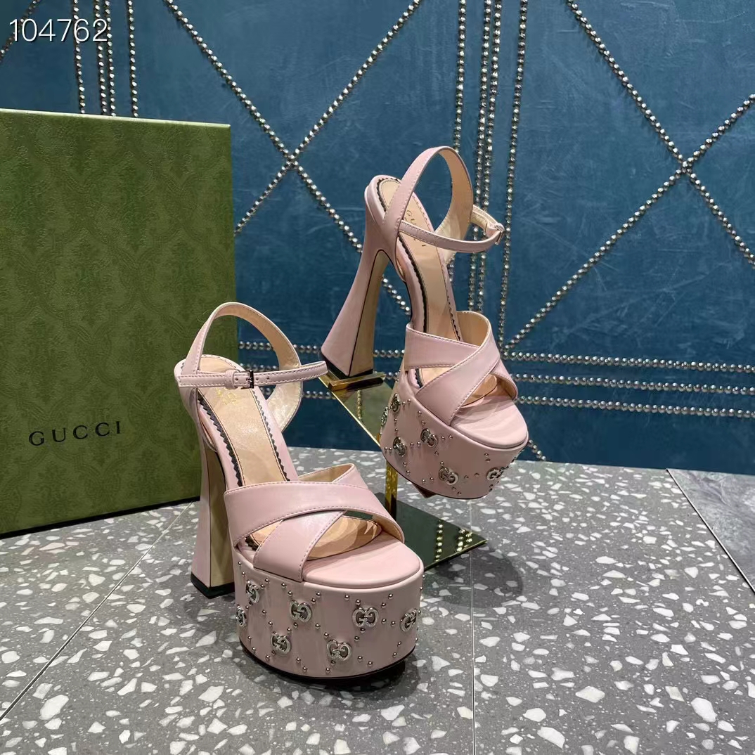 G*u*i women gg interlocking g studs sandal pink leather spool high 15 cm heel