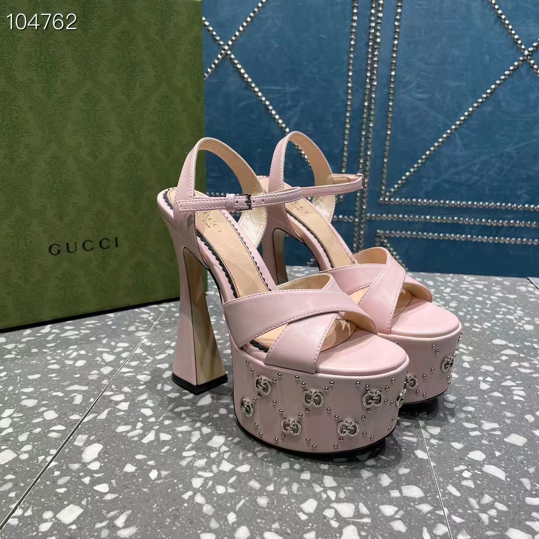 G*u*i women gg interlocking g studs sandal pink leather spool high 15 cm heel