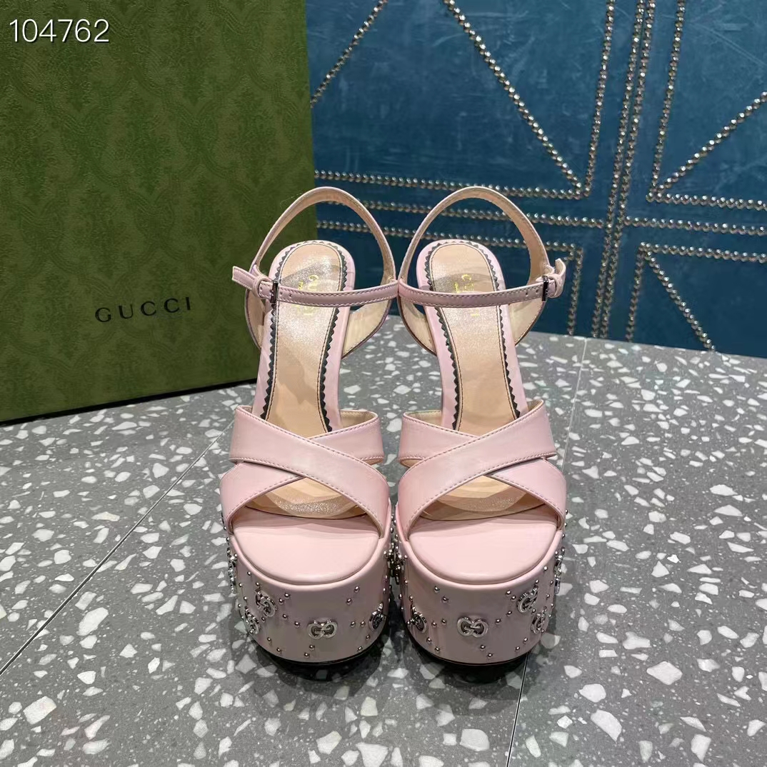 G*u*i women gg interlocking g studs sandal pink leather spool high 15 cm heel