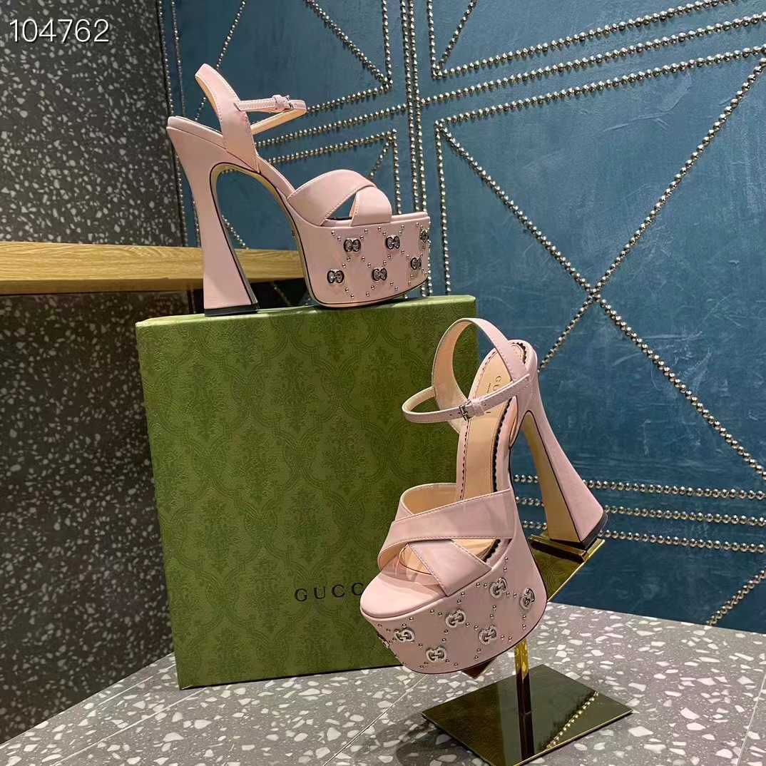 G*u*i women gg interlocking g studs sandal pink leather spool high 15 cm heel
