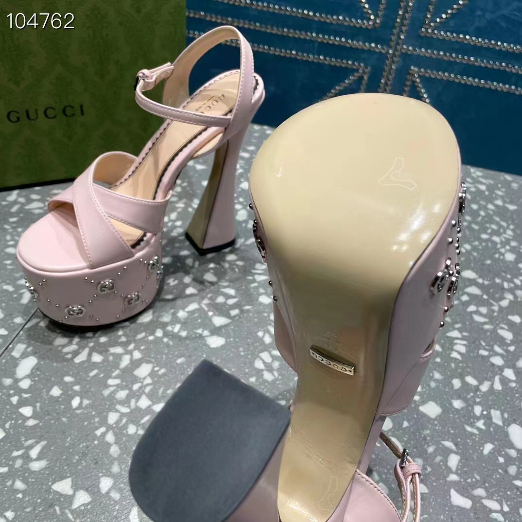 G*u*i women gg interlocking g studs sandal pink leather spool high 15 cm heel