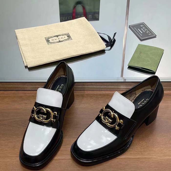 G*u*i women gg loafer interlocking g black white leather mid 6 cm heel