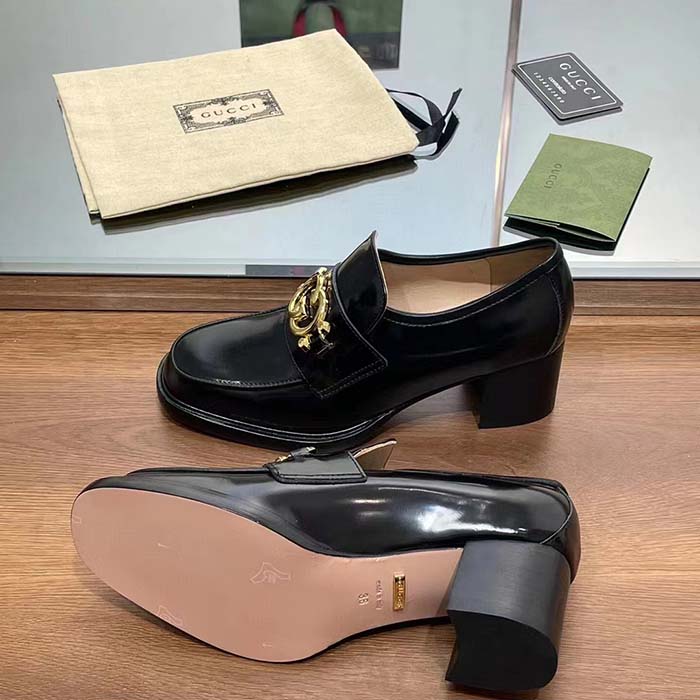 G*u*i women gg loafer interlocking g shiny black leather mid 6 cm heel
