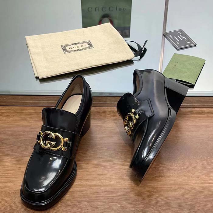 G*u*i women gg loafer interlocking g shiny black leather mid 6 cm heel