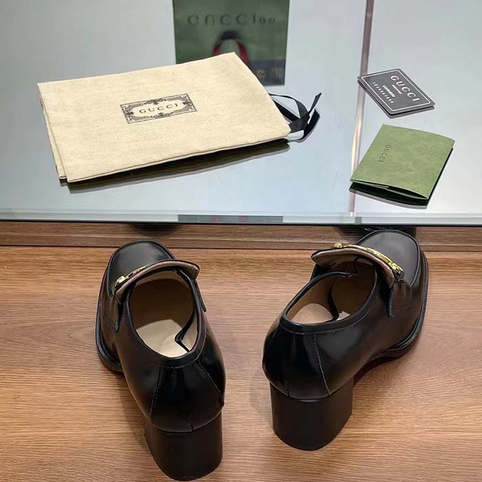 G*u*i women gg loafer interlocking g shiny black leather mid 6 cm heel