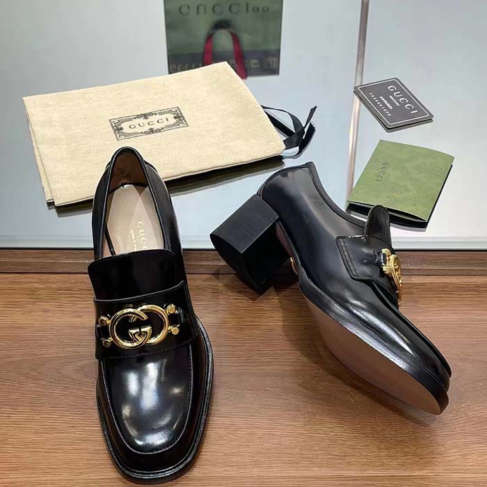 G*u*i women gg loafer interlocking g shiny black leather mid 6 cm heel