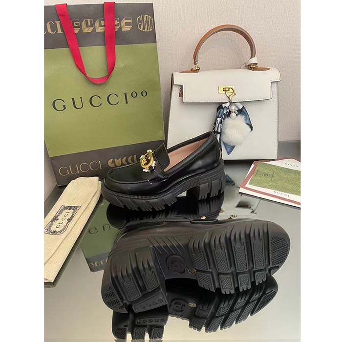 G*u*i women gg lug sole interlocking g loafer black patent leather low heel rubber