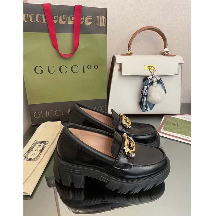 G*u*i women gg lug sole interlocking g loafer black patent leather low heel rubber
